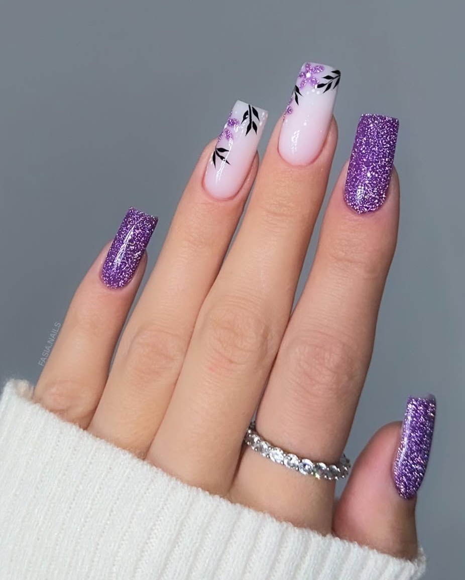 purple spring nails with flowers